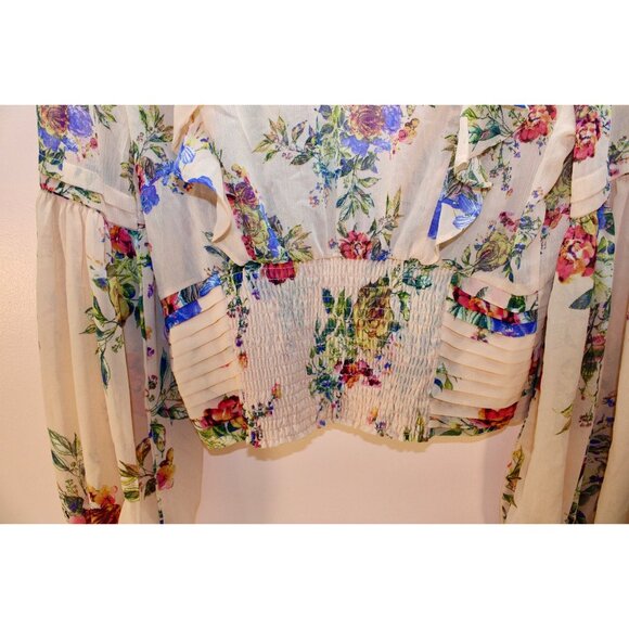 BKE NWT Womens Medium Top Floral Sheer Peach Balloon Sleeve Ruffles Cottage Core - Picture 4 of 10